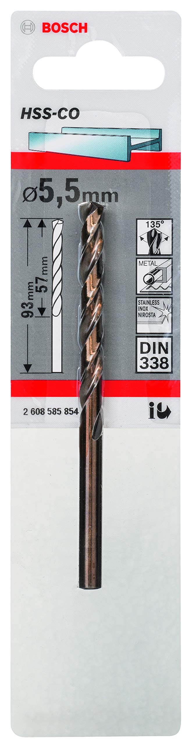 Bosch Professional 2608585854 HSS-Co Metal Drill Bit (stainless steel, 5.5 x 57 x 93 mm, accessory drill driver) , Gold