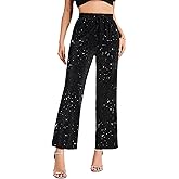 PEIQI Women High Elastic Waist Wide Leg Palazzo Pants Bling Glitter Casual Loose Long Sparkle Pant Trouser