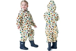 FEWLBY Kids Toddler Rain Suit for Boys Girls One Piece Hoodie Zipper Cartoon Waterproof Coverall Rain Jacket 1-10 Years