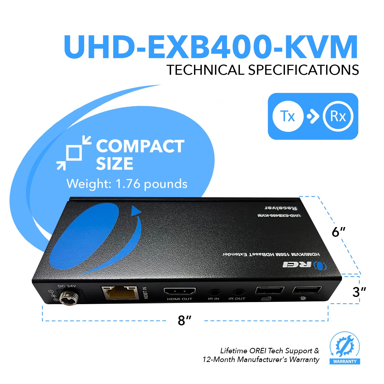 OREI 4K@60Hz KVM HDMI Extender Over Ethernet PoC Single HDBaseT CAT5e/CAT6A/CAT7 Cable - Upto 400 feet 4:4:4 - Remote, Keyboard, Mouse, USB Control