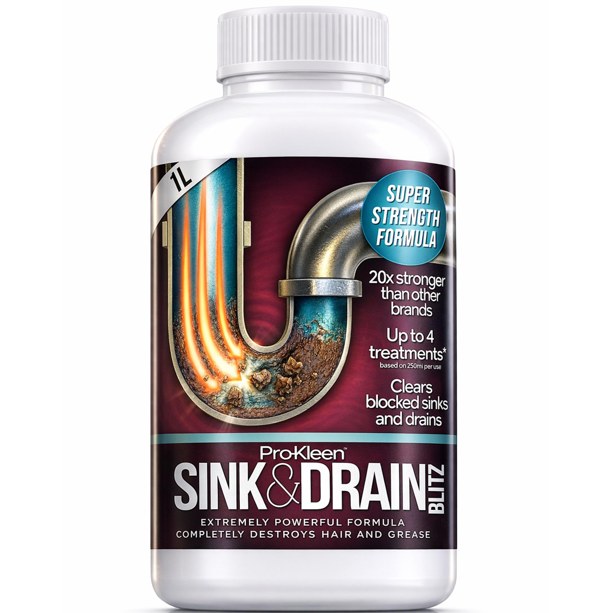 1L of Pro-Kleen Sink & Drain Blitz - Plughole, Sink & Drain Unblocker - Super Strength Formula