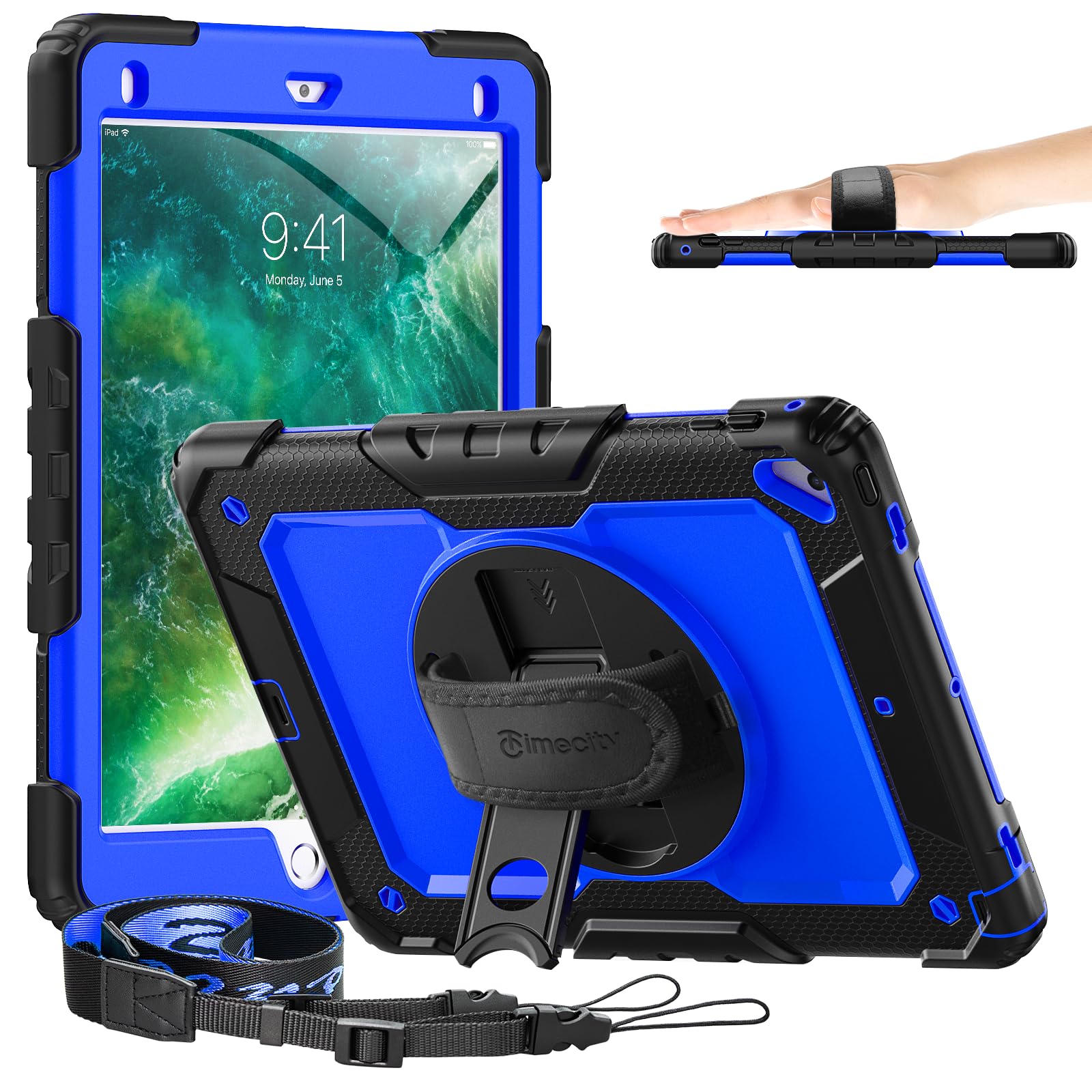 Timecity case For iPad 6th/5th Generation(2018/2017), iPad Pro 9.7 inch(2016), iPad Air 2 Case(2014), Shockproof Case with Screen Protector, 360° Rotating Kickstand, Hand Strap, Pencil Holder, Blue