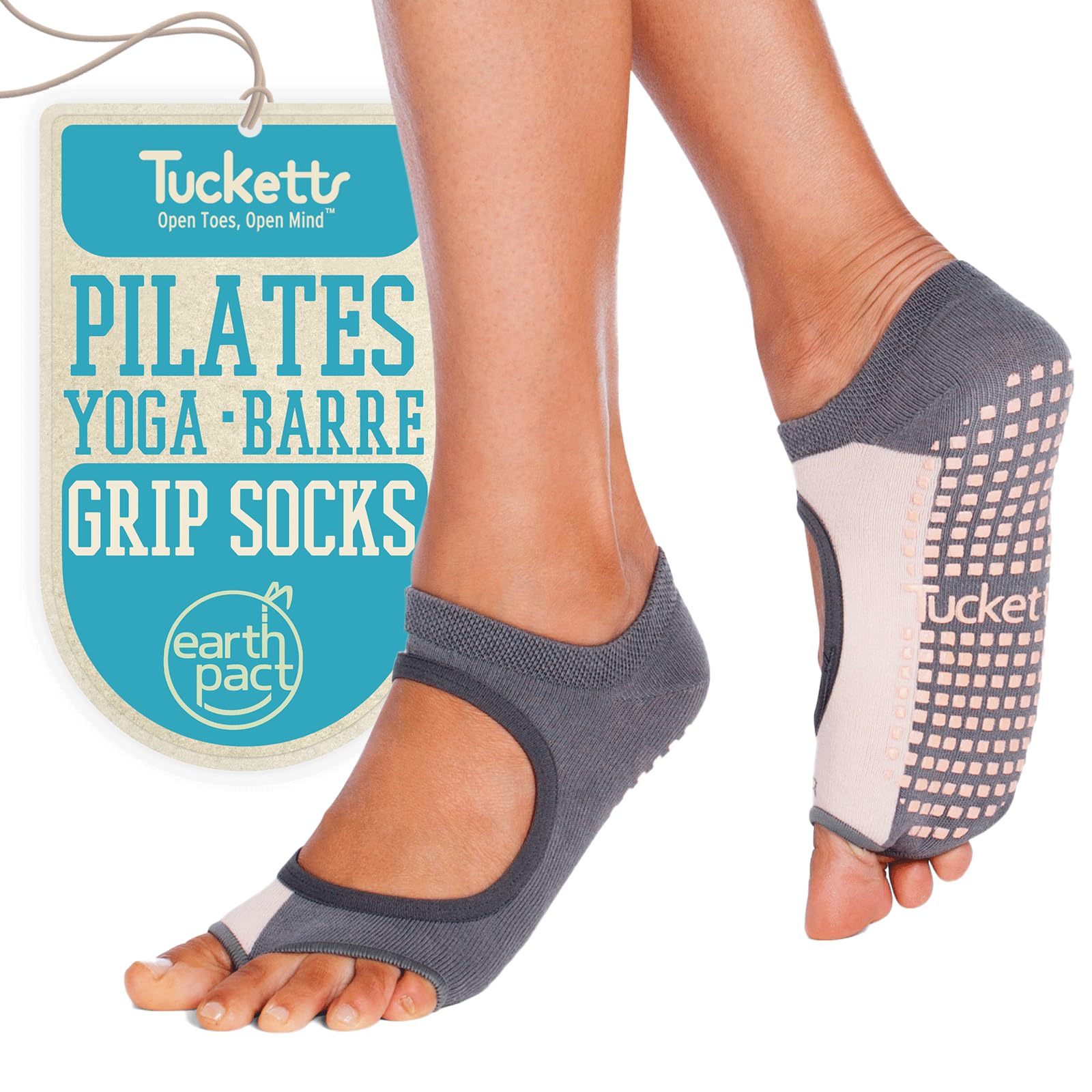 Tucketts Allegro Toeless Non-Slip Grip Socks, Recycled Cotton, Made in Colombia, Mary Jane Style Perfect for Yoga, Barre, Pilates, One Size Fits Most, 1 Pair, Vertical Block Grey/Blush