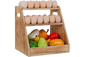 HAITRAL 3-Tier Wooden Egg Holder, Retractable Egg Holder Countertop With Basket, Farmhouse Eggs Storage With Handle Can Hold 