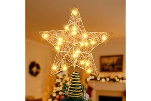 Qoosea Christmas Tree Topper Star- Metallic 20-LED Gold & Silver Star with Warm Winter & Holiday Lights, Festive Xmas Decorat