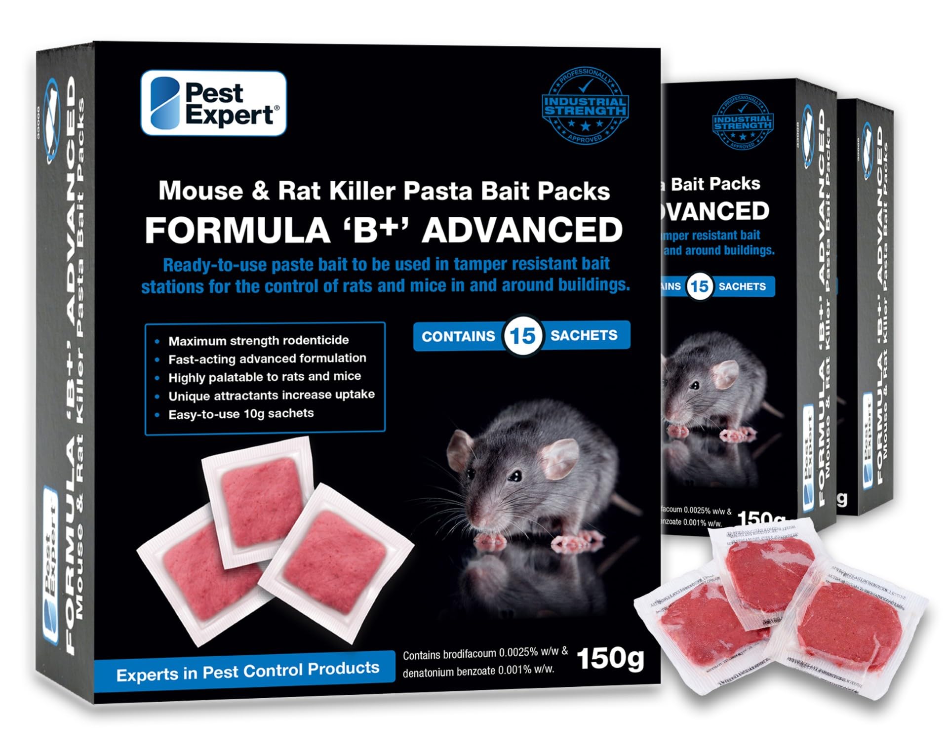Pest Expert Formula B+ Advanced Rat & Mouse Poison Pasta Bait Sachets 450g (3 x 150g) Maximum Super Strength - Single Feed Brodifacoum