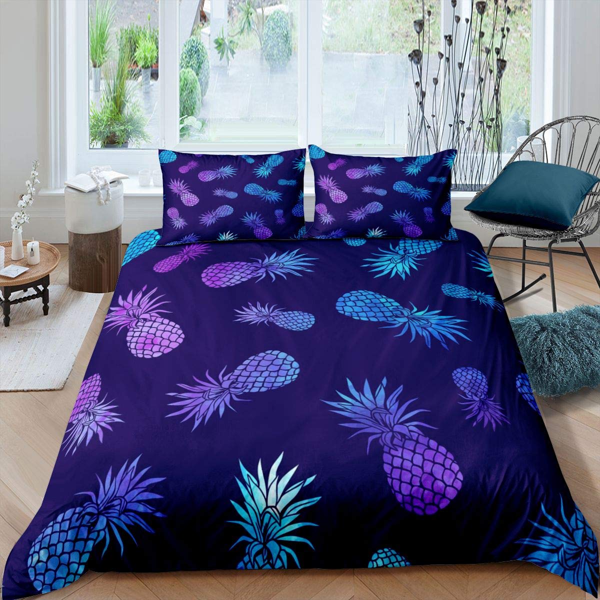 Homemissing Pineapple Comforter Cover Tropical Fruit Bedding Set Purple Blue Pineapple Duvet Cover for Kids Boys Girls Bohemian Exotic Style Bedspread Cover Single Size