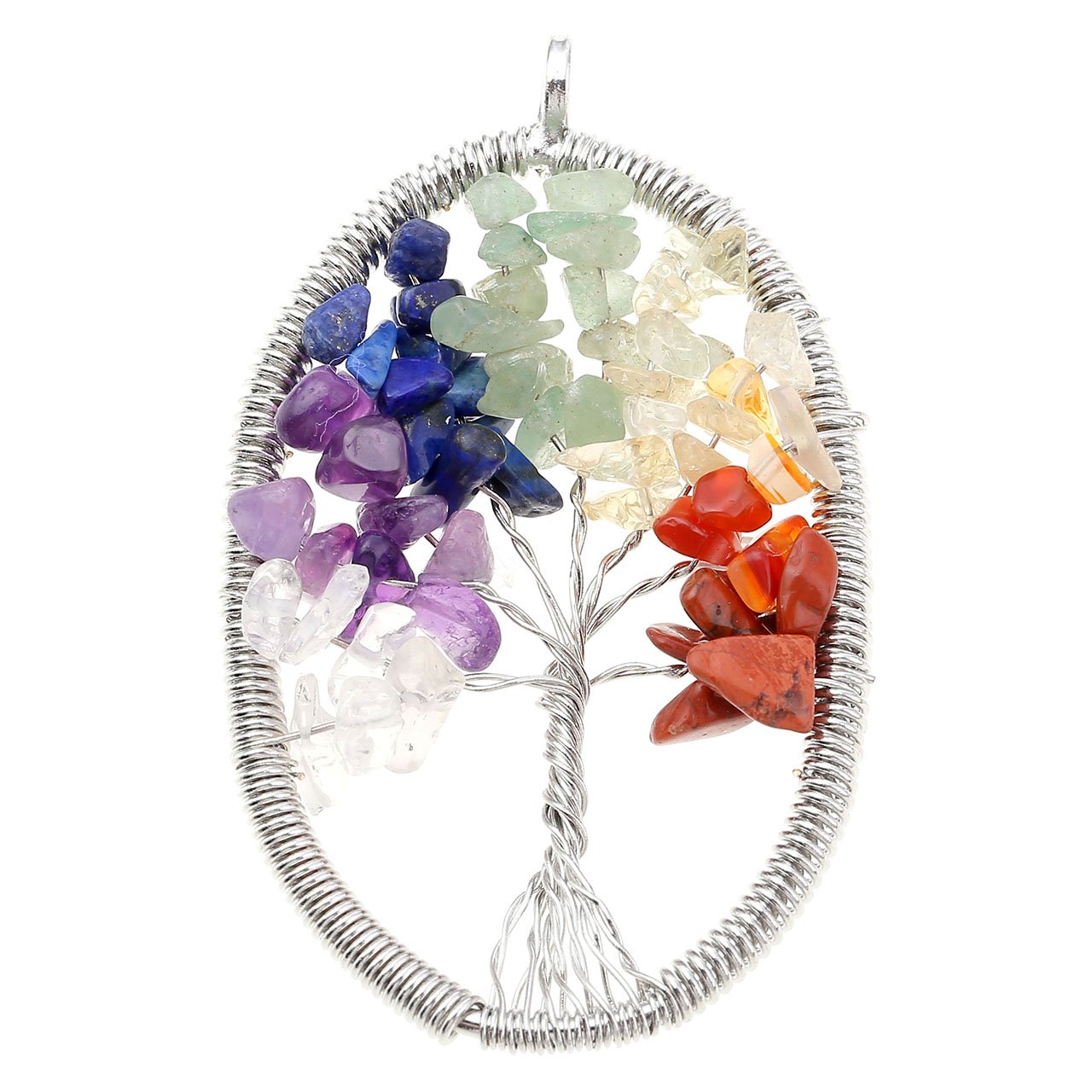Top Plaza Tree of Life Silvery Plate Oval Wire Wrapped Crystal Chip Gemstone 7 Chakra Healing Balance Reiki Pendant Necklace For Jewelry Making