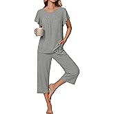 Ekouaer Capri Pajamas for Women Set Short Sleeve Lounge Set Soft Sleepwear Pullover Top and Pants
