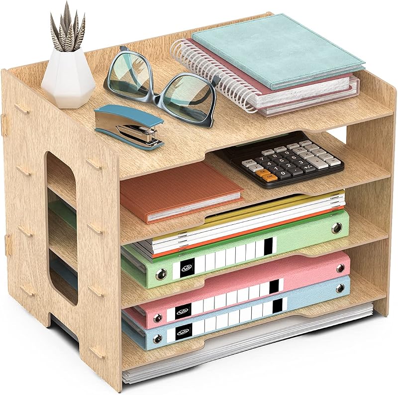 JOPOO Office Letter Tray 4 Tier A4 Desk Organizer Sandalwood MDF
