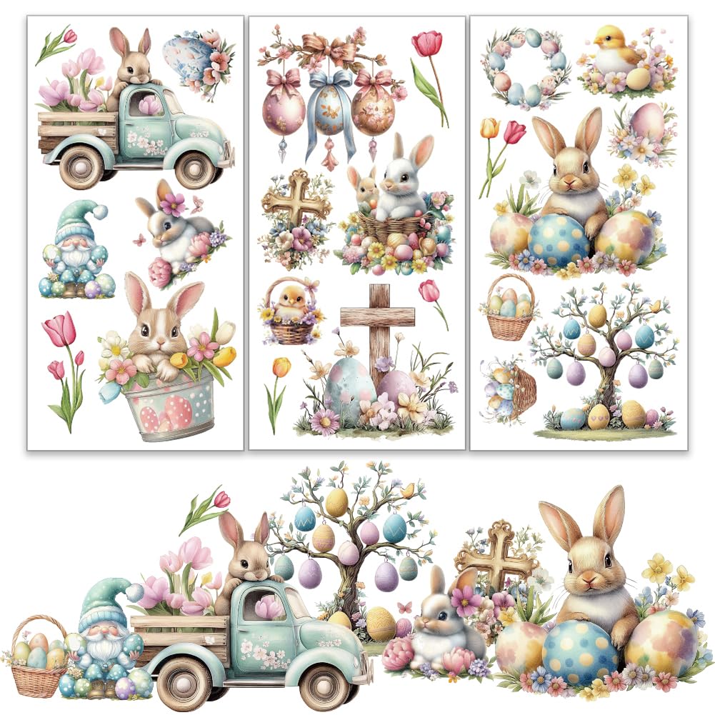 OLYCRAFT 3pcs/Set Easter Bunny Rub on Transfers for Furniture and Crafts 15x30cm Bird Egg Furniture Decals Tulip Dwarf Transfer Stickers Rub on Decals for Wood Furniture Home Decoration