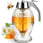 Timtopno Honey Dispenser, Glass Honey Dispenser No Drip, Honey Pot with Stand, 8 oz Honey Jar, Maple Syrup Honey Container, E