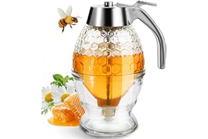 Timtopno Honey Dispenser, Glass Honey Dispenser No Drip, Honey Pot with Stand, 8 oz Honey Jar, Maple Syrup Honey Container, E