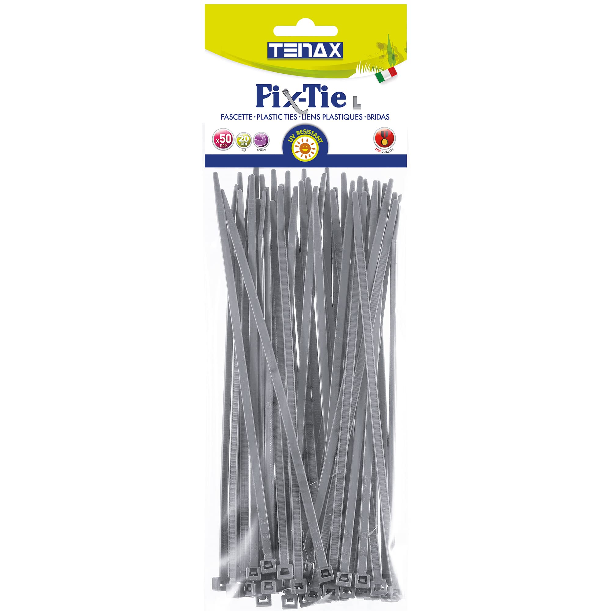 tenax Fix-Tie L Multi Purpose Plastic Cable Ties, Silver Grey, Length 20 cm, Pack of 50
