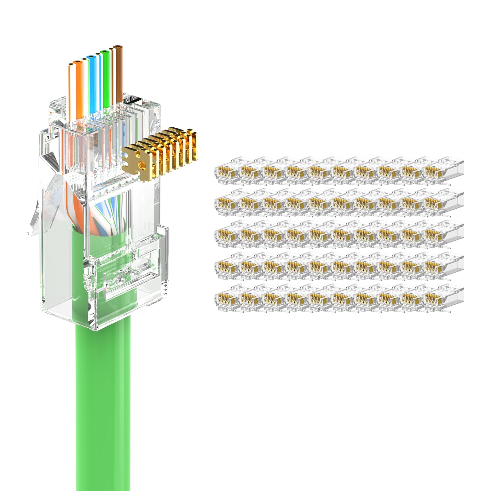 LEENUE 50 Pack RJ45 Pass Through Connector Cat6, 1Gbps/250MHz, Gold-pated CAT6 CAT5e RJ45 connectors, UTP RJ45 Plugs for 23-26AWG Solid or Stranded Network Cables, Supports POE, UL Listed