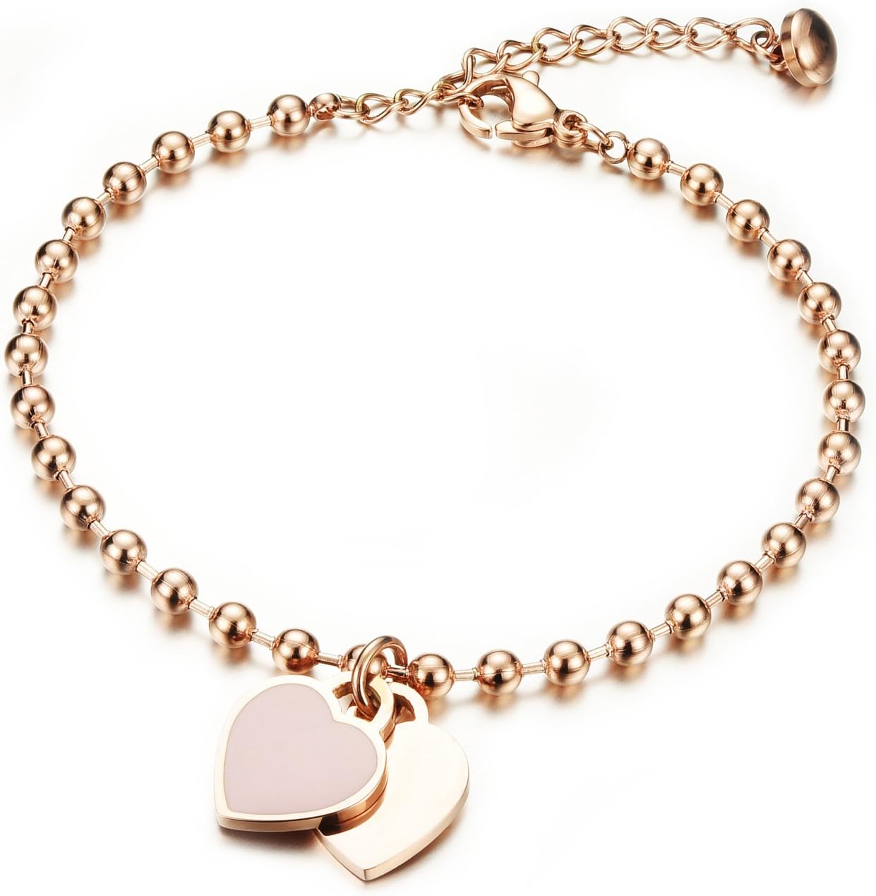 Women's Bracelet with Engraving, Rose Gold, Stainless Steel Ball/ Double Heart Pendant, Pearl Chain, Bracelet, Bangle, Curb Chain Bracelet with Anklet