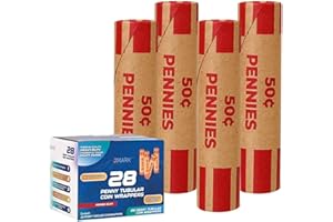 J Mark Burst Resistant Preformed Penny Coin Roll Wrappers, Made in USA, 28-Count Heavy Duty Penny Wrappers for Coins Cartridge-Style Coin Roller Tubes, Includes J Mark Coin Deposit Slip
