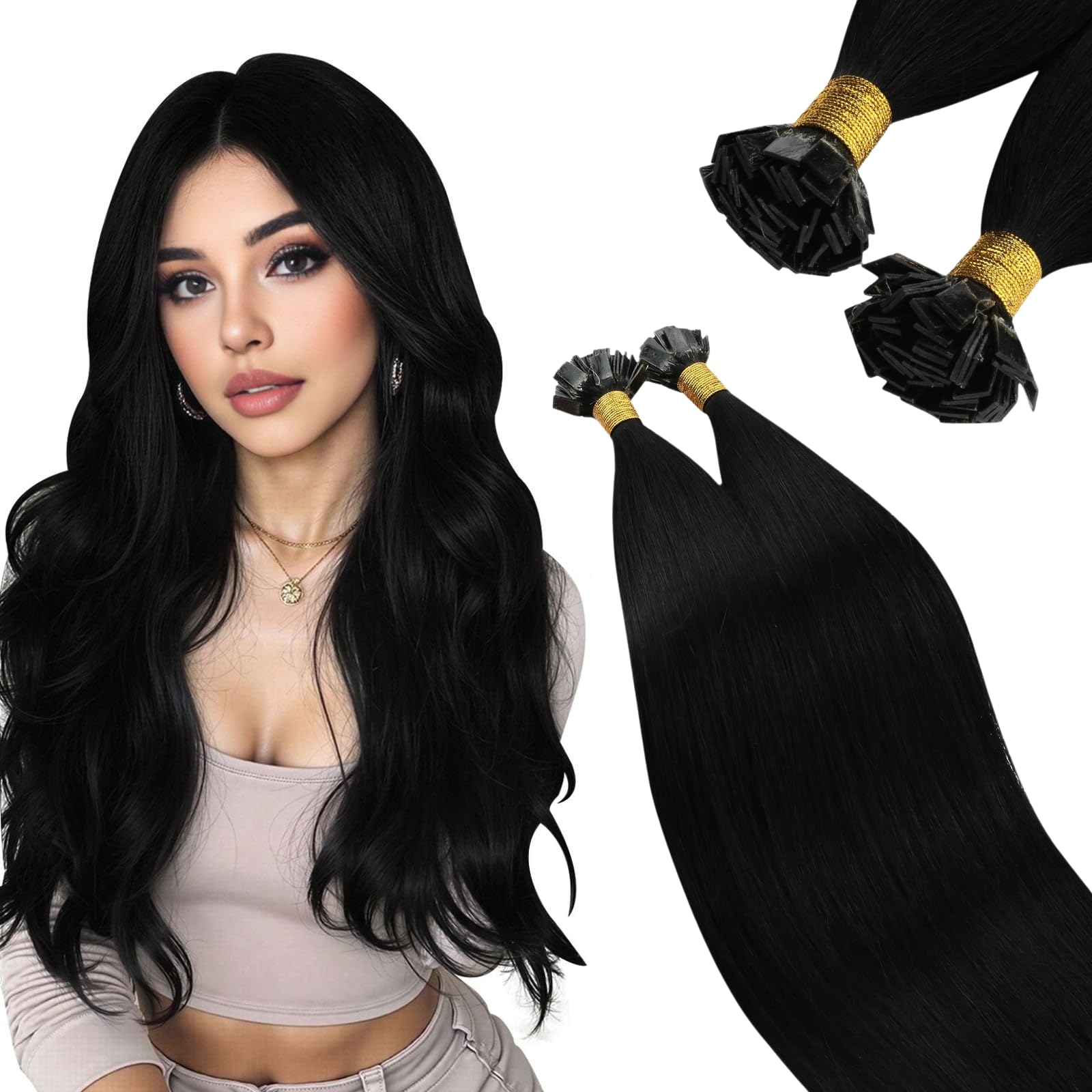 Ugeat Black Flat Tip Hair Extensions Real Human Hair Black Keratin Hair Extensions Real Human Hair Add Volume and Length 16 Inch 50G 50S โ image 1