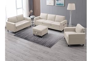 ijuicy 6 Seat Sectional Sofa Set w/Ottoman,3 Seat Couch & Loveseat Sofa & Armchair with Side Pockets & Movable Storage Ottoman,3PCS Modern Couch Set Living Room Furniture Set(3+2+1Seat/Beige)