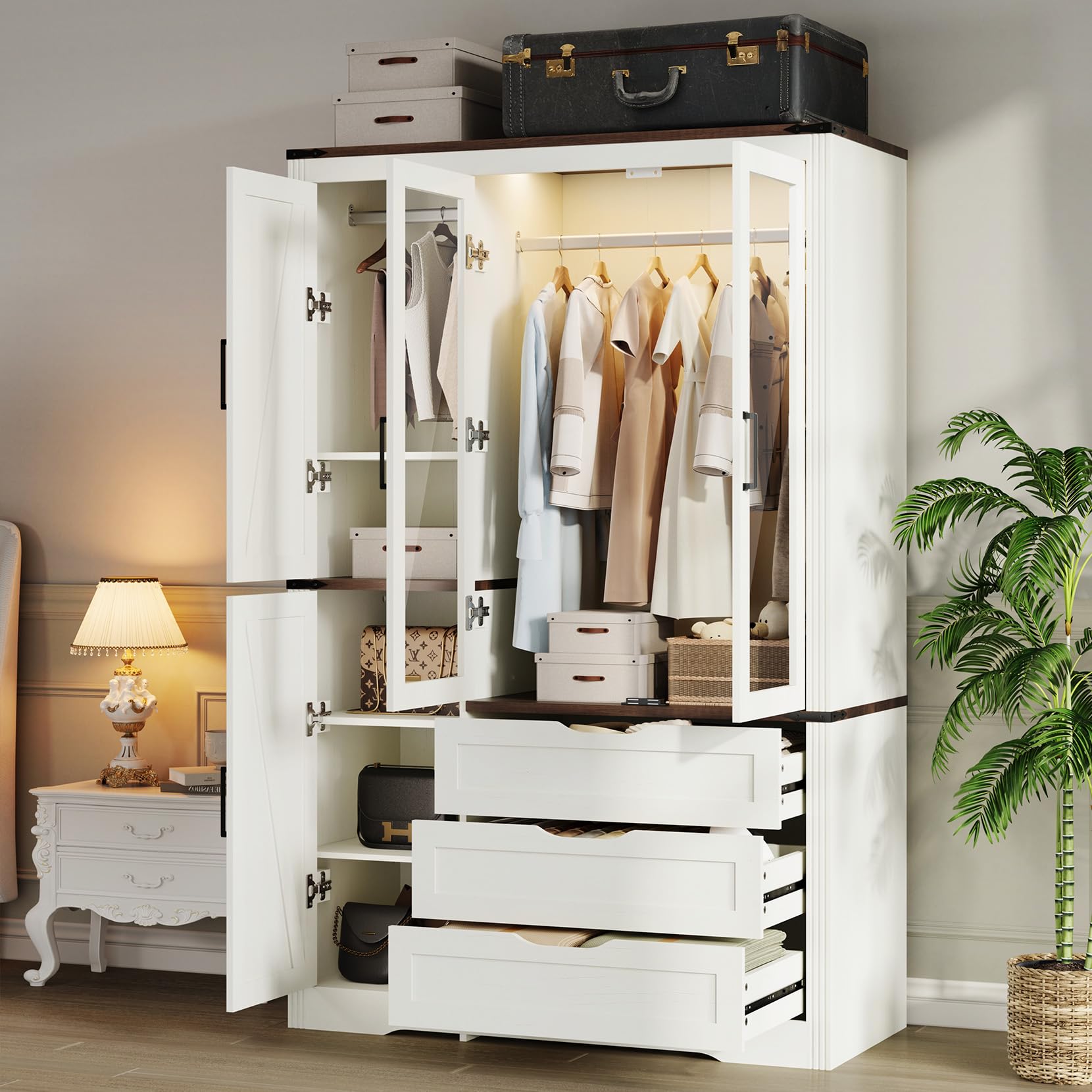 View 1 of ****PARTS ONLY Broken/Missing pieces***
Concho 73" Tall Farmhouse 4 Doors Armoire Wardrobe Closet with 3 Drawers and LED, Freestanding Closet Wardrobe Cabinet for Bedroom with Hanging Rod, Wooden Armoire Storage Cabinet, White