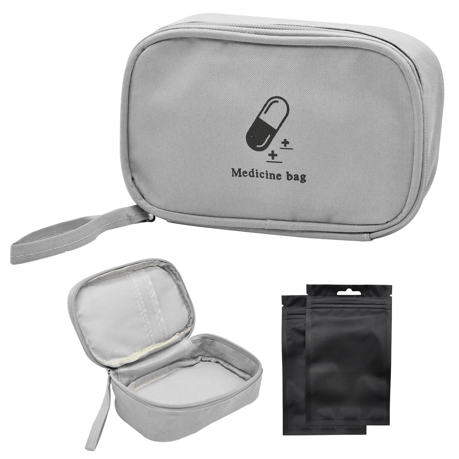 SwirlColor Small First Aid Pouch Portable Pill Organiser Easy Carry Empty Medicine Container with Three-Pocket for Travel (Grey)