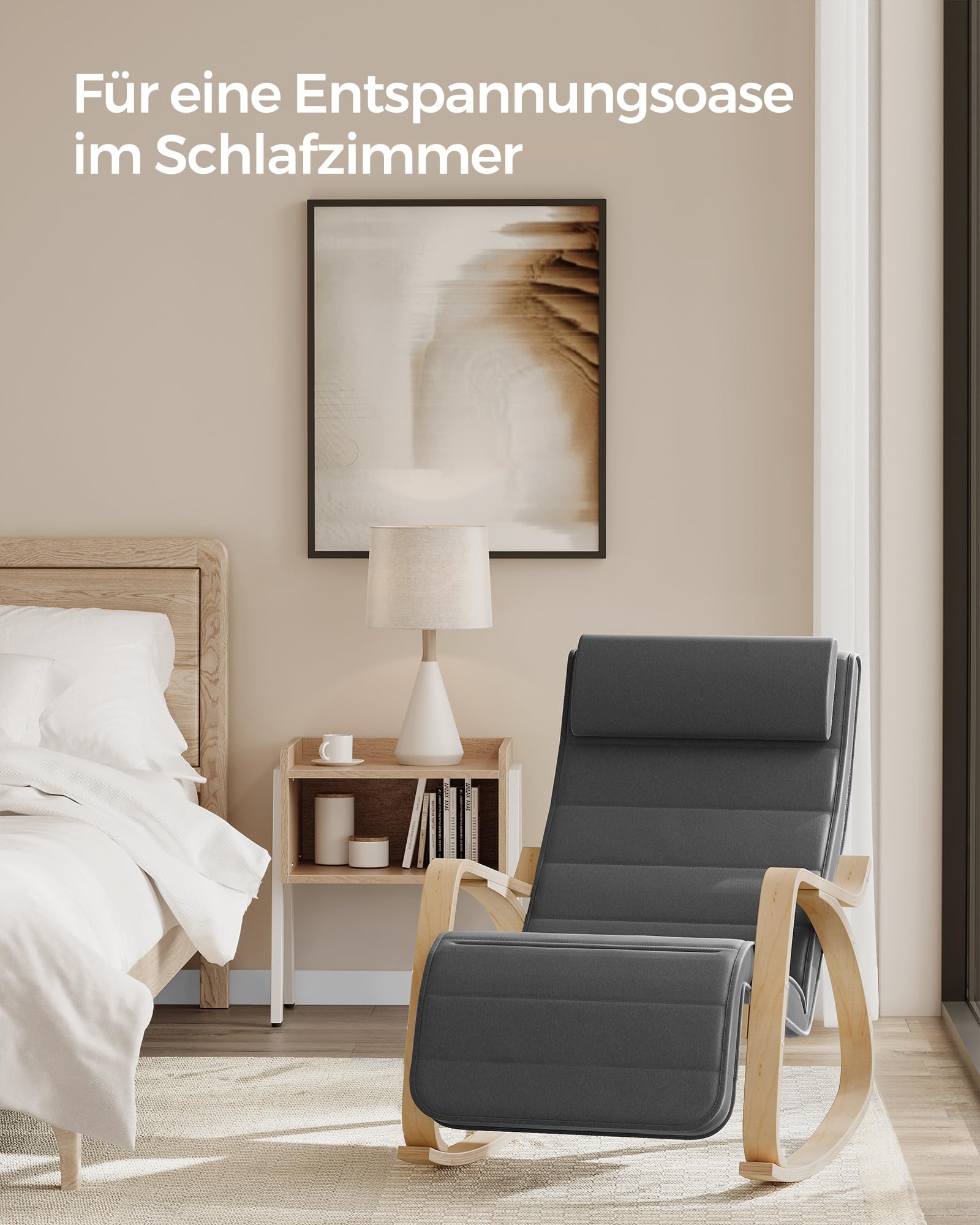 SONGMICS Schaukelstuhl, mit Armlehnen aus Birkenholz, Schaukelsessel, 5-fach verstellbare Fußstütze, bis 150 kg belastbar, für Schlafzimmer, Wohnzimmer, dunkelgrau-naturfarben LYY10G 3