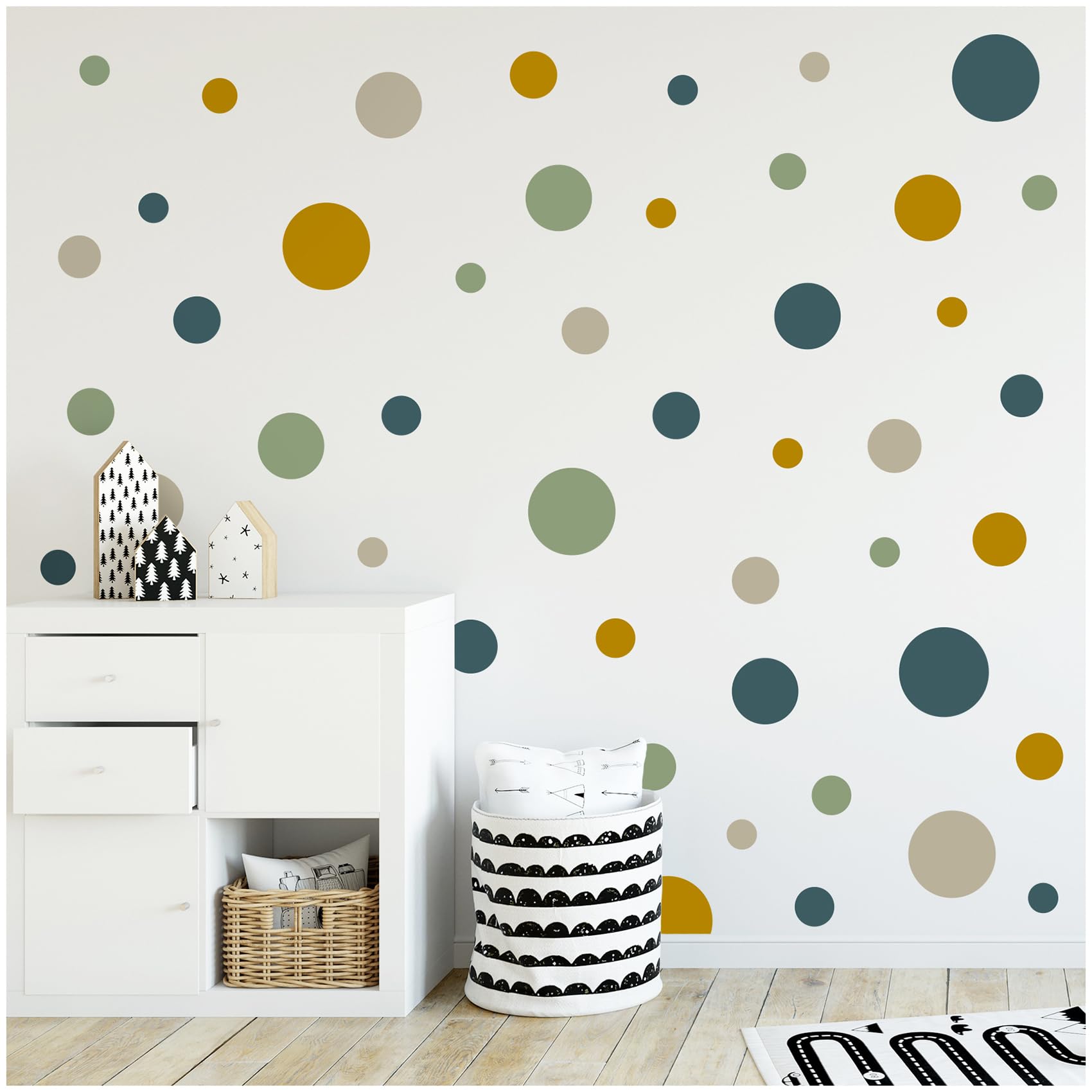 yabaduu 100 Adhesive Dots Circles Dots Wall Sticker Children's Room Bedroom Baby Room Sticker Film Decoration Self-Adhesive for Boys Girls Pastel (Y035-3 Blue-Green-Mustard-Beige)