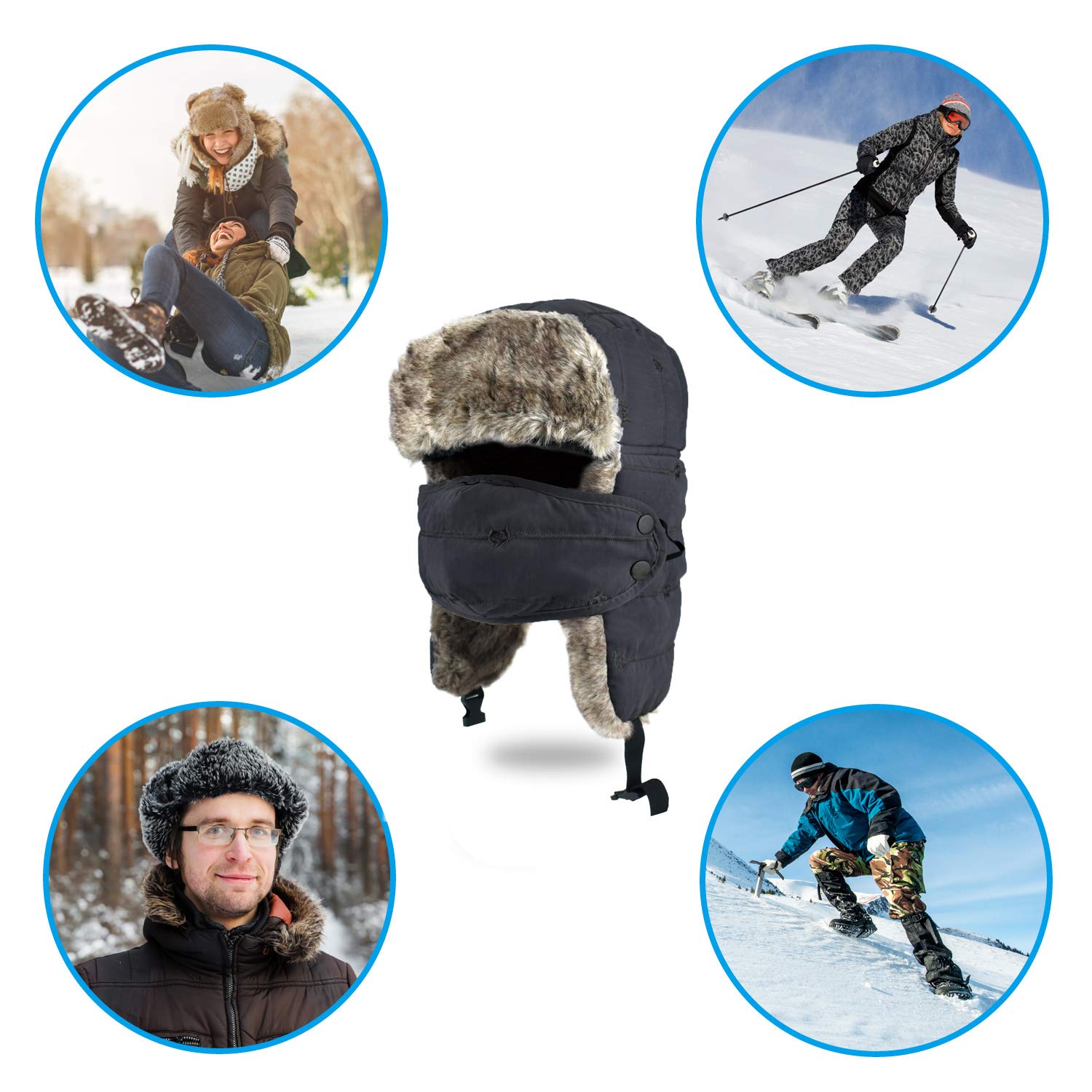 Unisex Winter Trapper Hat Warm Thick Trooper Hats Winter Hats ar Flap Bomber Hat with Windproof Mask for Hiking, Skiing, Skating and Climbing (Black)