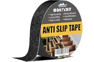 AMAZING WORKS Grip Tape - Heavy Duty Anti Slip Tape 80 Grit Non Slip for Stairs Outdoor/Indoor, Waterproof High Traction Stairs Non Skid Treads, Durable Triple Layer Adhesive - Black (1 Inch x 20 Feet)