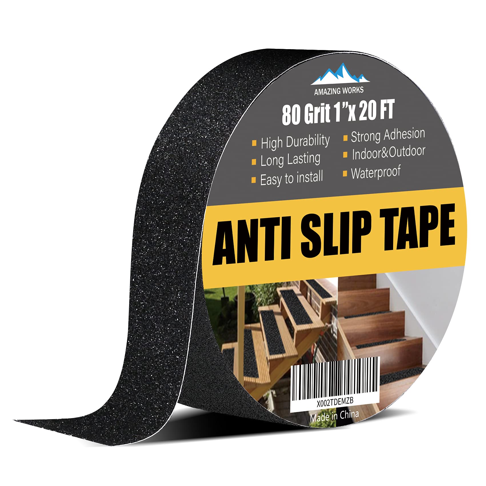 Photo 1 of Grip Tape - Heavy Duty Anti Slip Tape 80 Grit Non Slip for Stairs Outdoor/Indoor, Waterproof High Traction Stairs Non Skid Treads, Durable Triple Layer Adhesive - Black (1 Inch x 20 Feet)