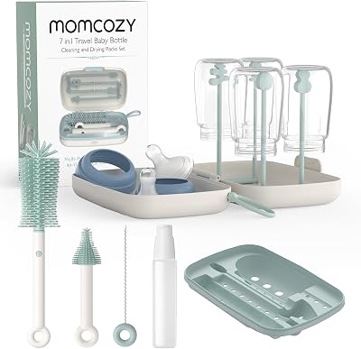 Momcozy 7-in-1 Bottle Brush Set Green Silicone Nipple Straw Drying Rack