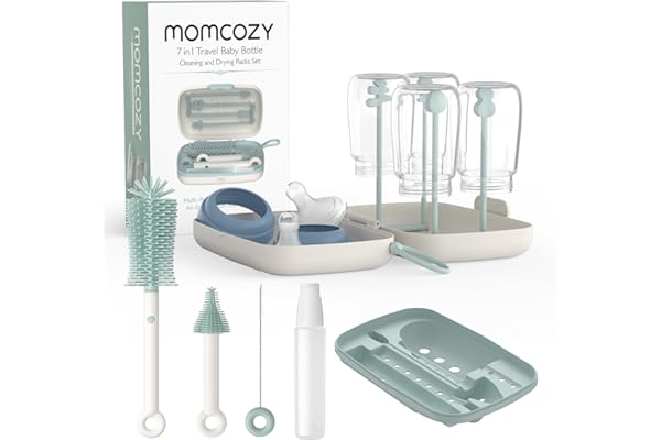 Momcozy 7 in 1 Travel Bottle Cleaning Kit - Baby Bottle Cleaner Set with Silicone Brush, Nipple Brush, Straw Brush, Soap Disp