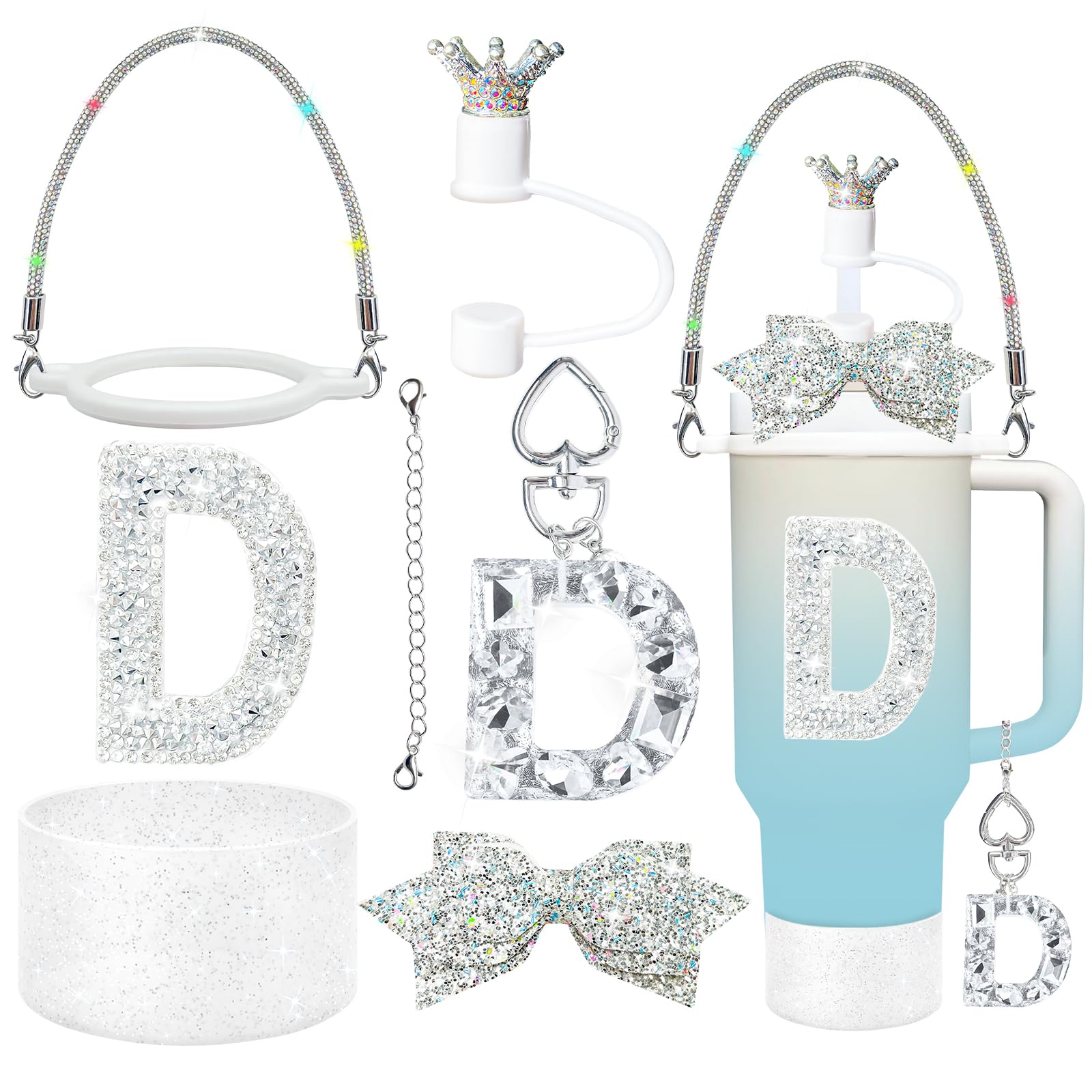 Photo 1 of 8Pcs Silvery Stanley Cup Accessories Set for Stanley Cup 30&40 Oz Tumbler - Silicone Straw Cover Cap and Boot, Handle Letter Charm, Bow Decoration Initial Sticker, Diamond Water Bottle Handle Strap(D)