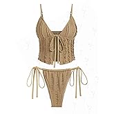 seamoly Ruffled Trim Textured Tied Side Tanga Tankini Set
