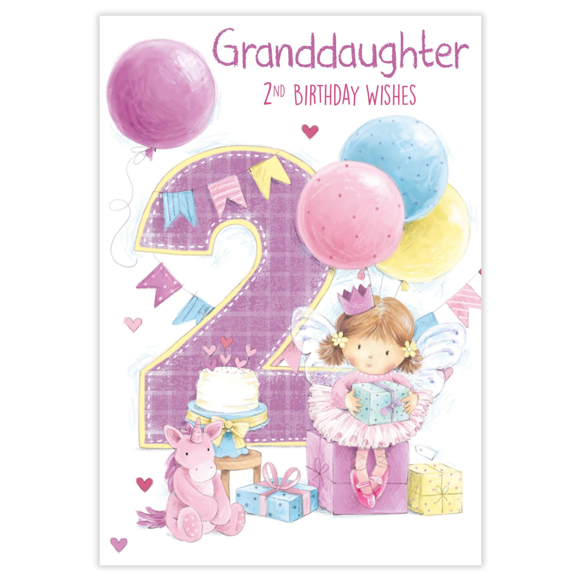 Nigel Quiney 2nd Birthday Card for Granddaughter - Age 2 Fairy, Presents & Balloons Design - Birthday Greeting Card for Girls with Envelope