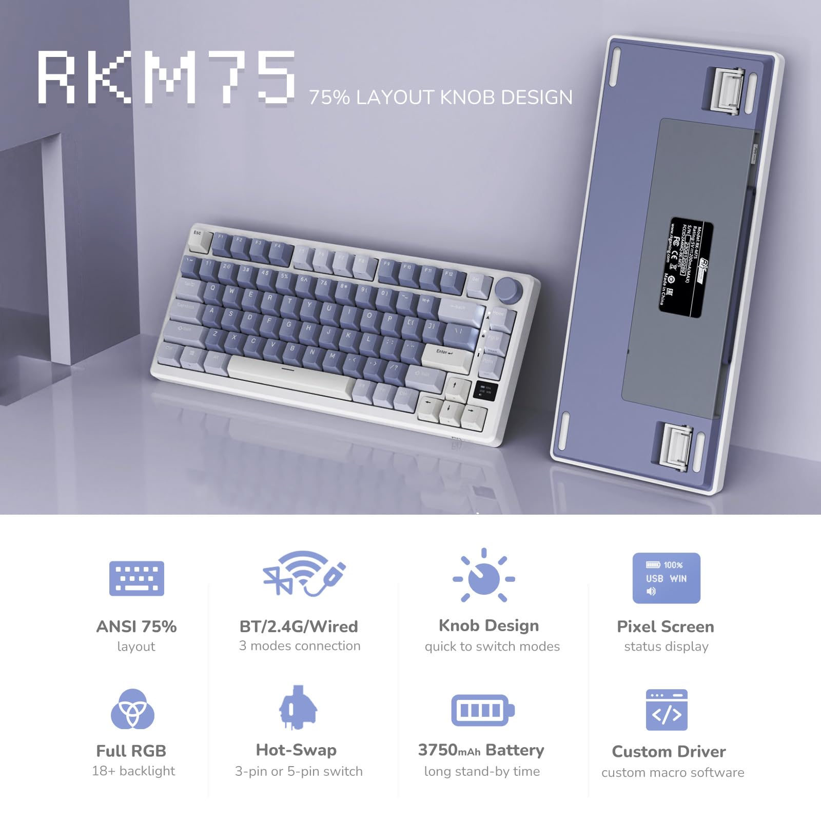 RK ROYAL KLUDGE M75 Mechanical Keyboard with OLED Smart Display and Volume Knob, 2.4G/USB-C/BT Gasket Mounted 75% Layout Wireless Gaming Keyboard with 81 Keys, RGB Backlit Hot-Swappable Red Switch