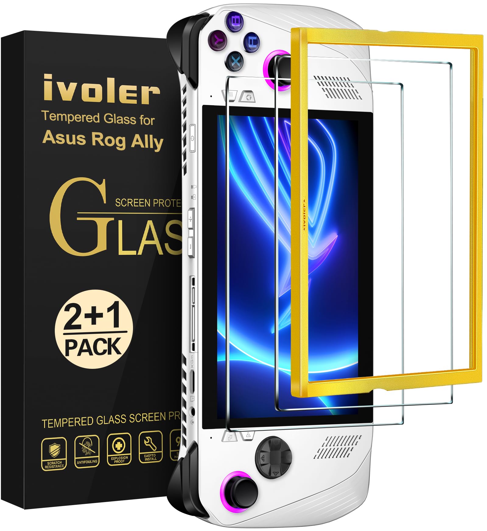 ivoler 2 Packs Screen Protector Compatible with ASUS ROG Ally Gaming Handheld 7 inch 2023 with Alignment Frame Tool, Tempered Glass Protection Film - without air bubbles -Ultra Resistant Hardness 9H
