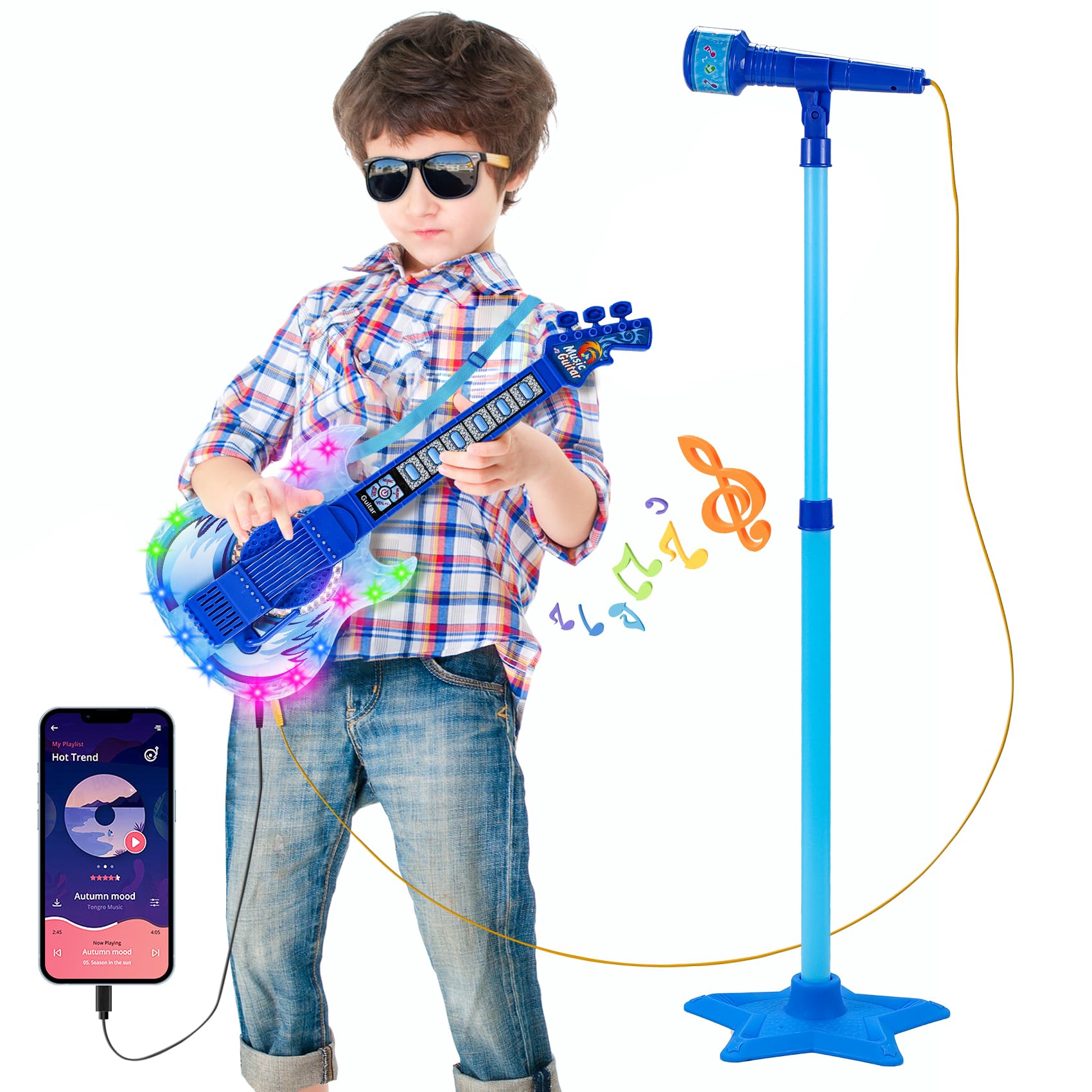 Photo 1 of Guitar and Microphone Play Set for Boys New Upgrade,Karaoke Machine with Music&Light,Microphone Toys with Stand,Adjustable Height Guitar Toys for Kids,Toddlers,Child