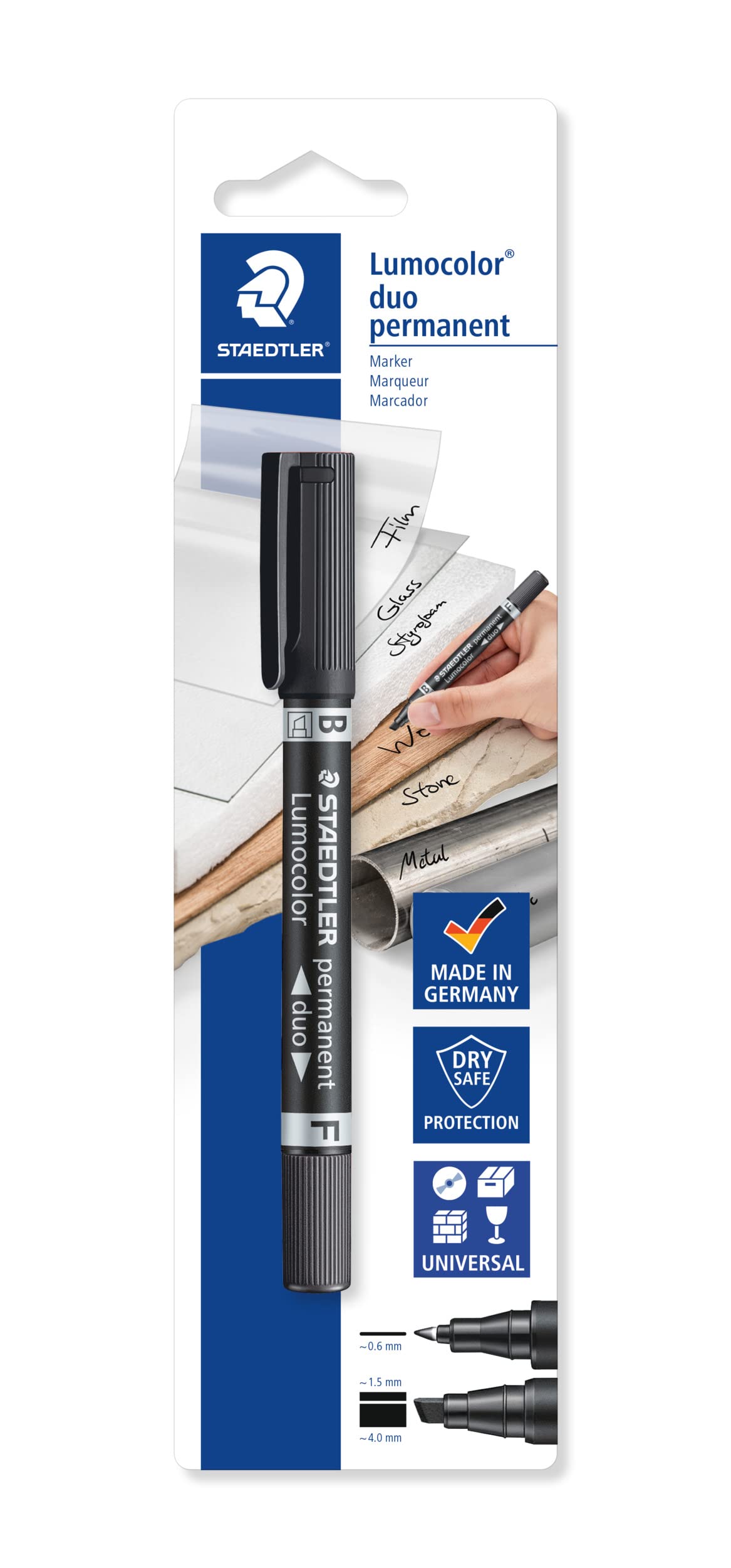 Staedtler 348 B-9 BK Lumocolour Duo Permanent Marker F 0.6 mm and 1.5m Chisel Tip Blister Card Pack of 1 or 4 mm Black