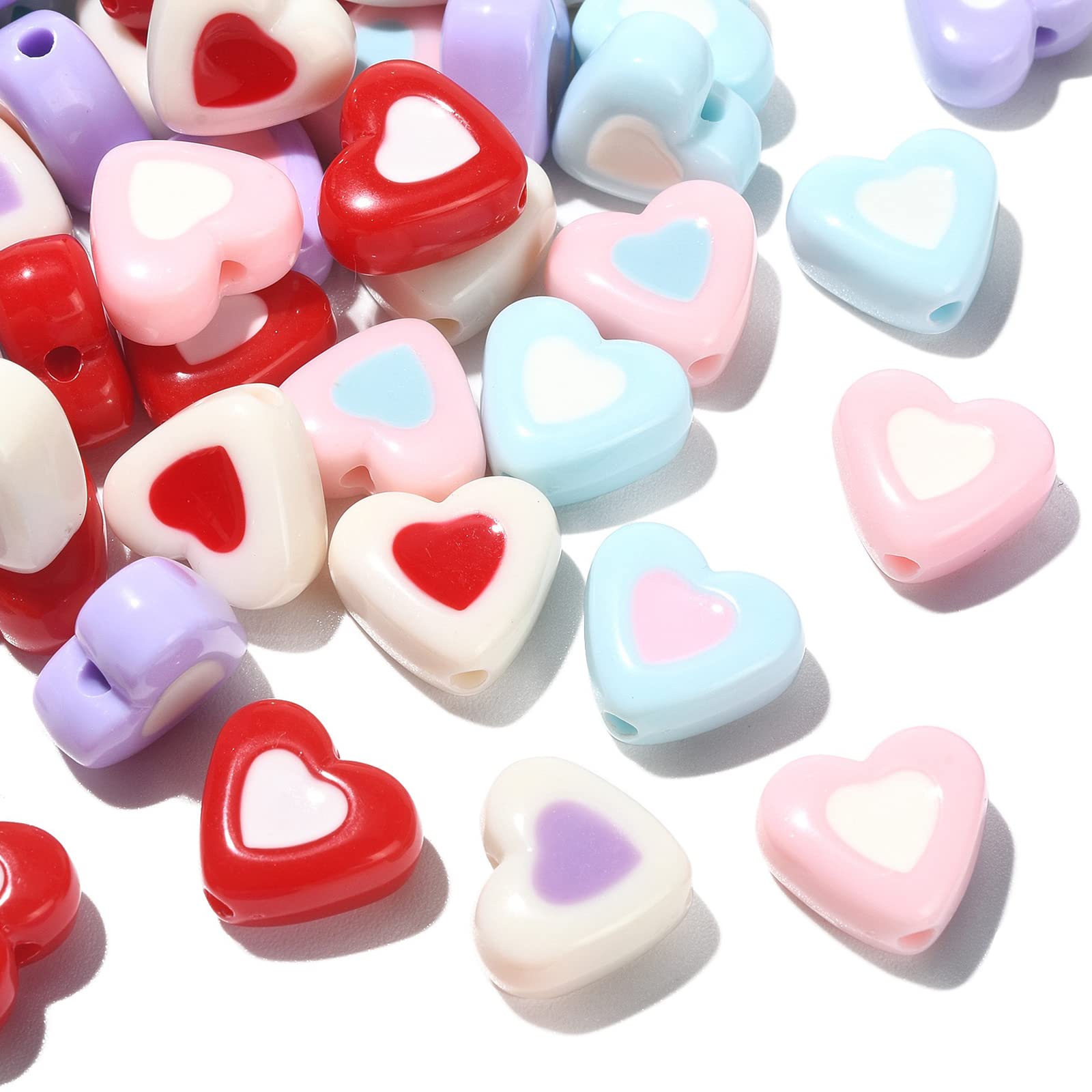 Stiesy 100Pcs Random Color Heart Shape Beads Enamel Heart in Heart Beads Acrylic Candy Color Spacer Beads for DIY Bracelet Necklace Jewelry Making
