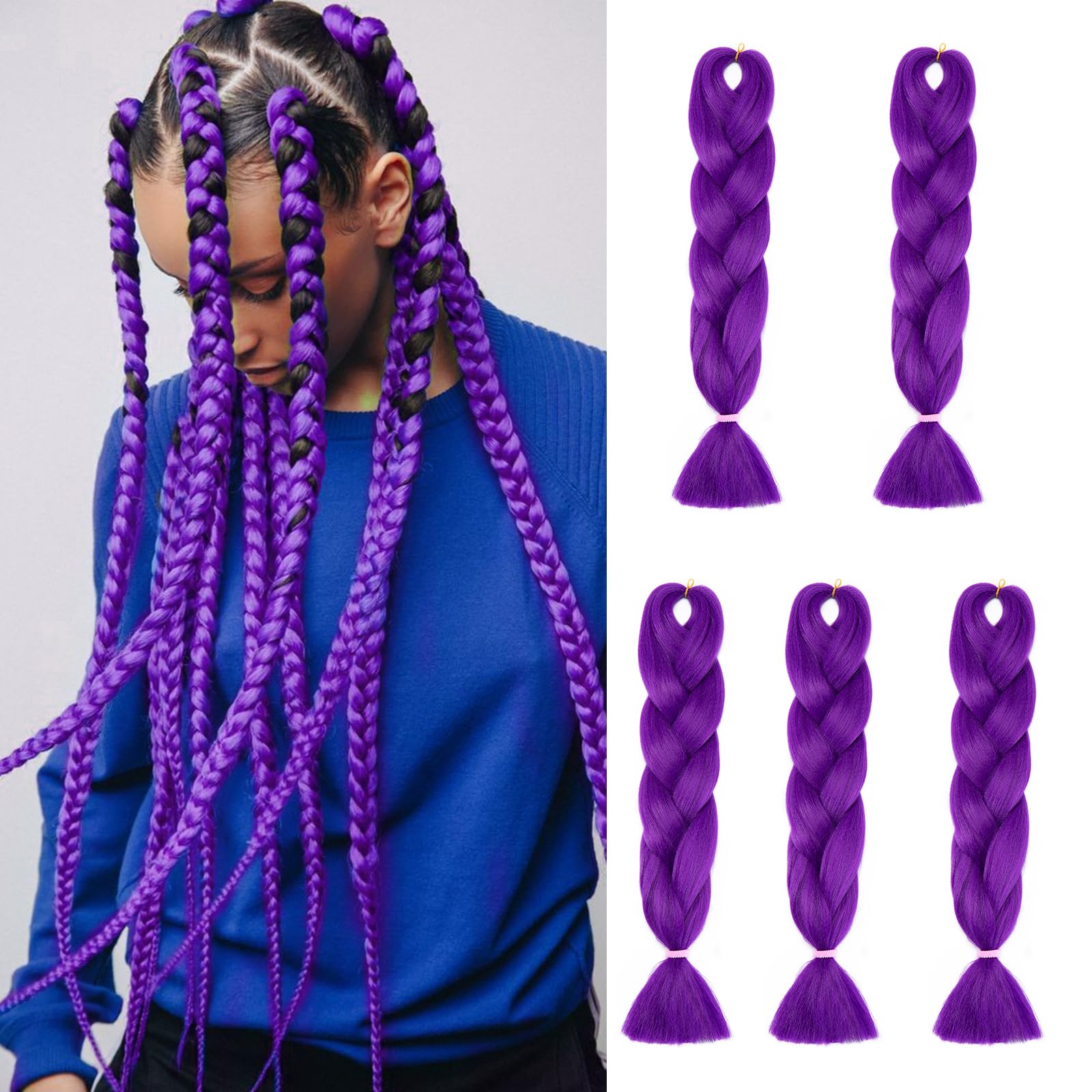 Jumbo Braiding Hair Extensions 24inch 5packs/lot Afro Box Braids Ombre Synthetic Weaving Hair (Dark Purple)