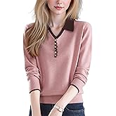DOVWOER Womens Polo Neck Knitwear Long Sleeve Contrast Color Sweater Layered Look Pullover Tops