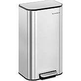 SONGMICS Kitchen Trash Can, 8-Gallon (30 L) Garbage Can with Lid, Stainless Steel, Soft Close and Stays Open, Inner Bucket, Wide Non-Slip Pedal, Metallic Silver ULTB546E01