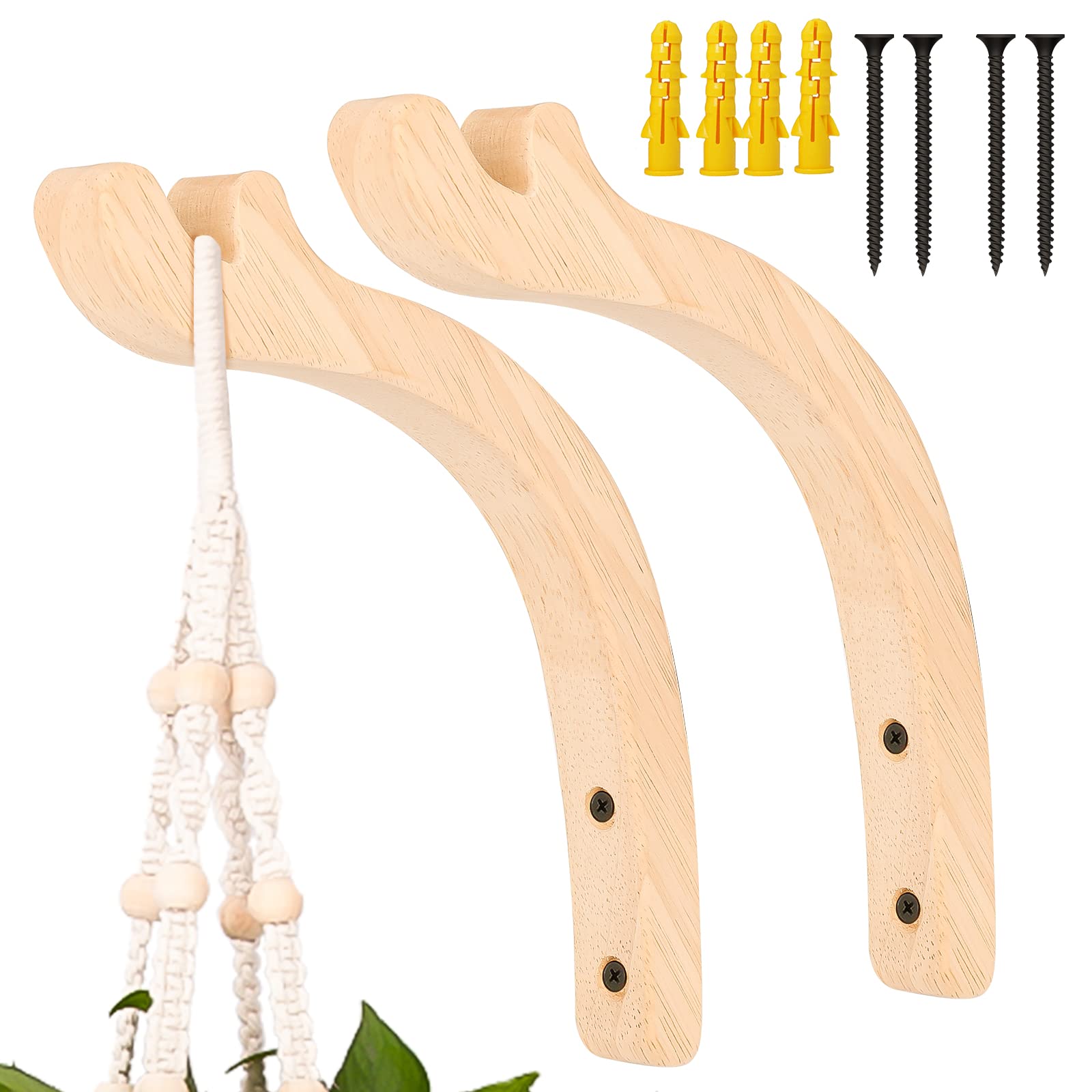 LUTER 2-Pack Wooden Plant Hooks with Screws - Indoor/Outdoor Hanging Plant Brackets for Flowers & Decor (E05055)