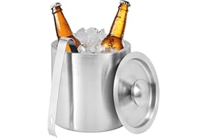 1.3L Stainless Steel Insulated Ice Bucket with Lid and Tong, Small Metal Double Wall Ice Pail Chill Container Beverage Tub Ho