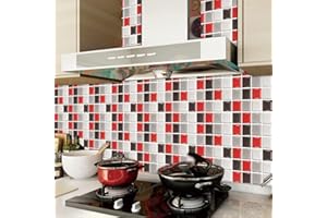 Stick on tiles Tile Stickers Red Black Vinyl Waterproof Peel and Stick Tiles Kitchen,Bathroom Tile Stickers,Backsplash for Ki