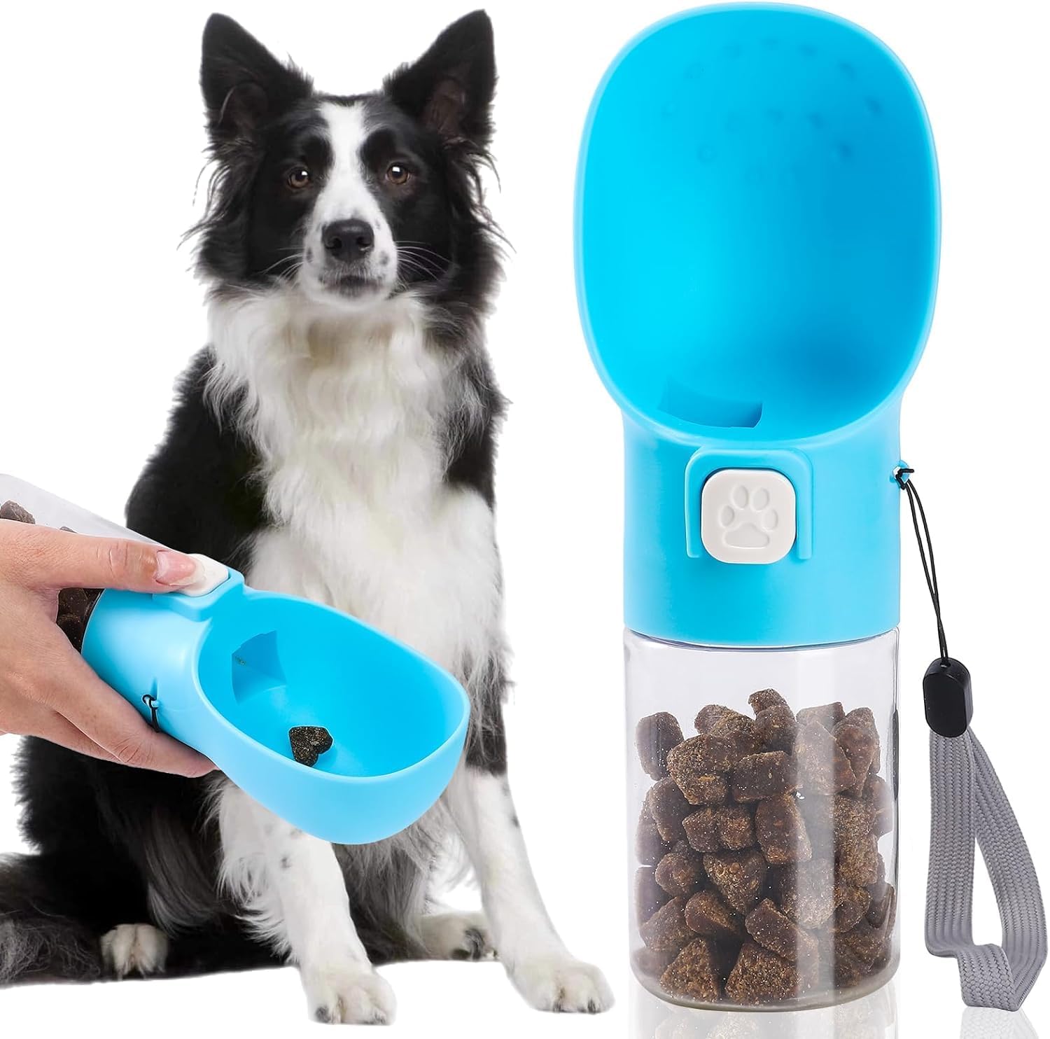 Colorday Handheld Dog Feeder Treat Dispenser with Built-in Clicker & Treat Pouch. for Training Walking Hiking Traveling. (6.7 OZ, Blue)