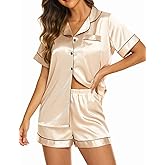 Ekouaer Silk Pajamas for Women Short Sleeve Sleepwear Soft Button Down Loungewear 2 Piece Satin Pjs Shorts Set