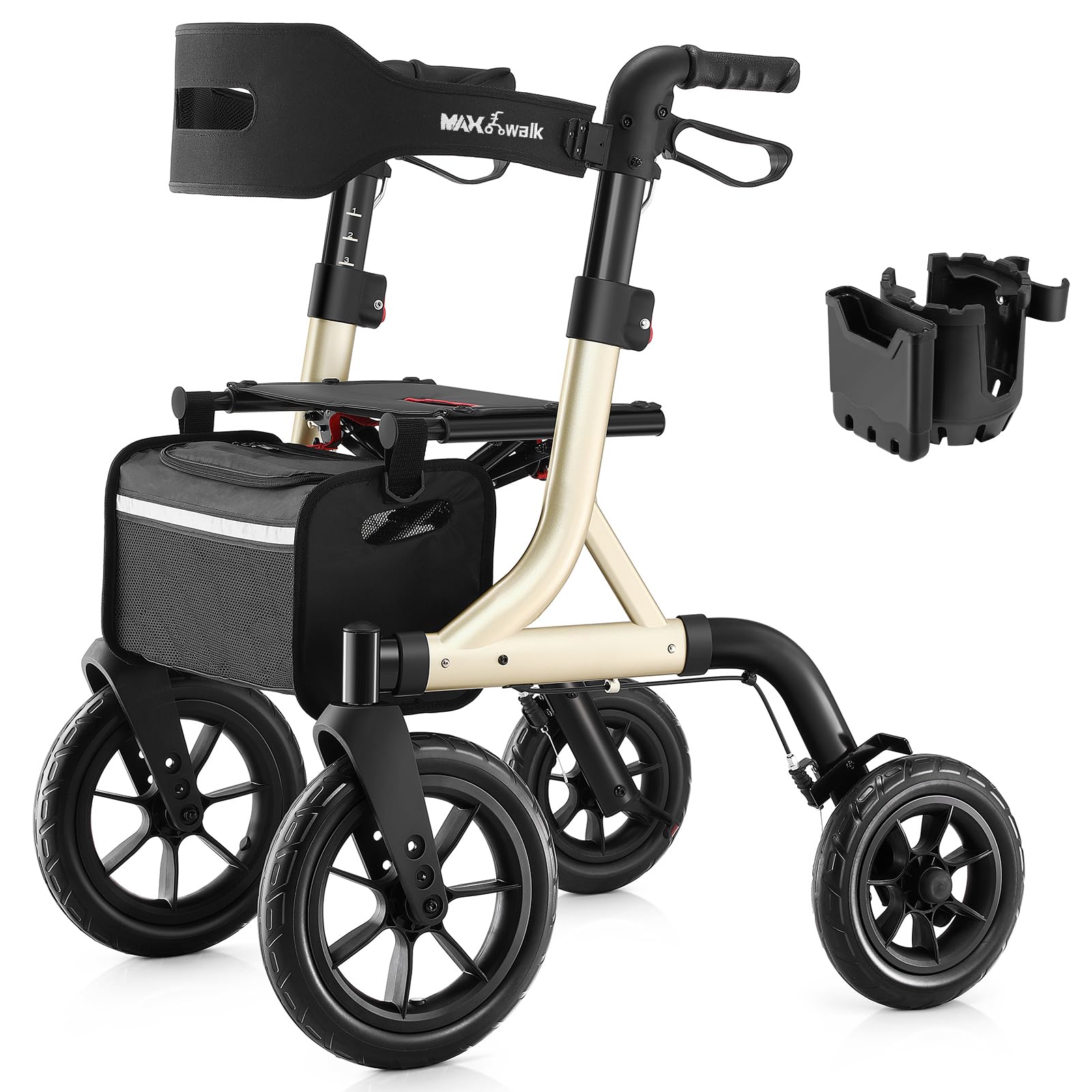 Photo 1 of MAXWALK Walkers for Seniors, Rollator Walker with Seat, 12" Big Rubber Wheels All Terrain Rollator Walker with Backrest, Built-in Cable, Cup Holder, Foldable and Height Adjustment for Seniors, Gold