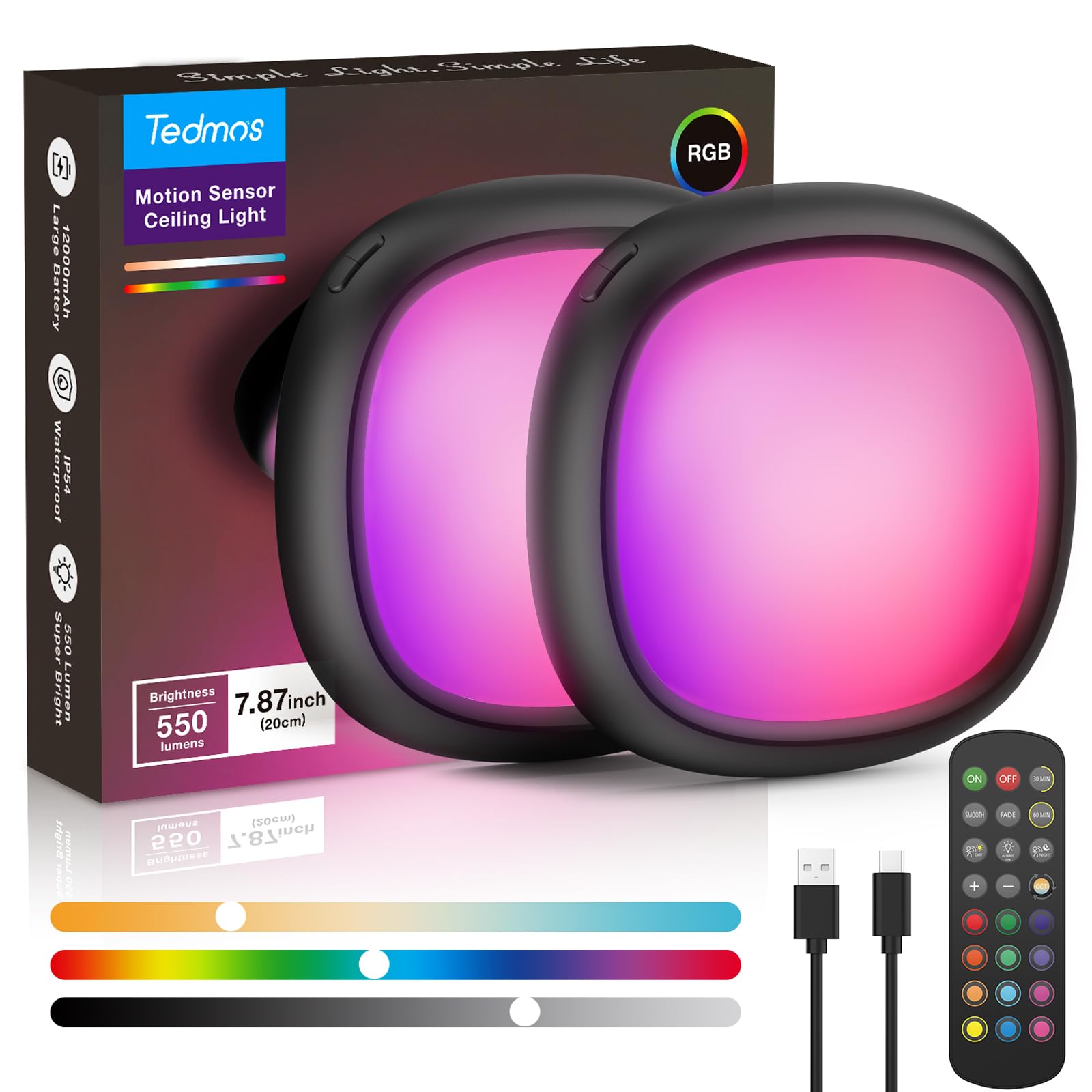 Photo 1 of 2 Pcs Motion Sensor Rechargeable Ceiling Light with Remote, 12000mAh 550LM Wireless Shower Lights for Inside Shower, Battery Operated RGB Closet Lights Sensored LED Overhead Garage Lighting No Wiring